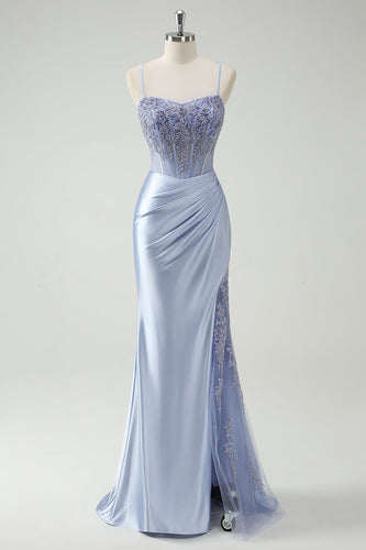 Hellblau Meerjungfrauen Korsett Satin Langes Ballkleid mit Schlitz