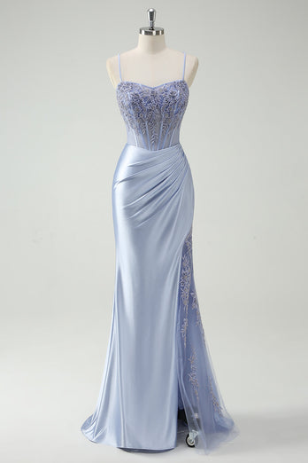 Hellblau Meerjungfrauen Korsett Satin Langes Ballkleid mit Schlitz