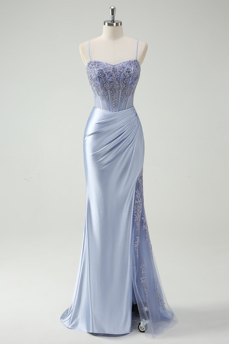 Laden Sie das Bild in den Galerie-Viewer, Hellblau Meerjungfrauen Korsett Satin Langes Ballkleid mit Schlitz