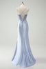 Laden Sie das Bild in den Galerie-Viewer, Hellblau Meerjungfrauen Korsett Satin Langes Ballkleid mit Schlitz