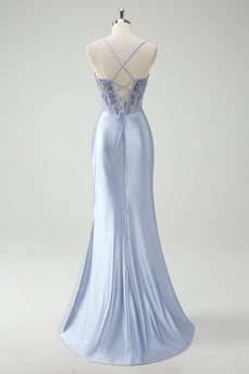Hellblau Meerjungfrauen Korsett Satin Langes Ballkleid mit Schlitz