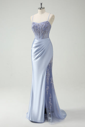 Hellblau Meerjungfrauen Korsett Satin Langes Ballkleid mit Schlitz