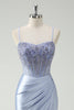 Laden Sie das Bild in den Galerie-Viewer, Hellblau Meerjungfrauen Korsett Satin Langes Ballkleid mit Schlitz