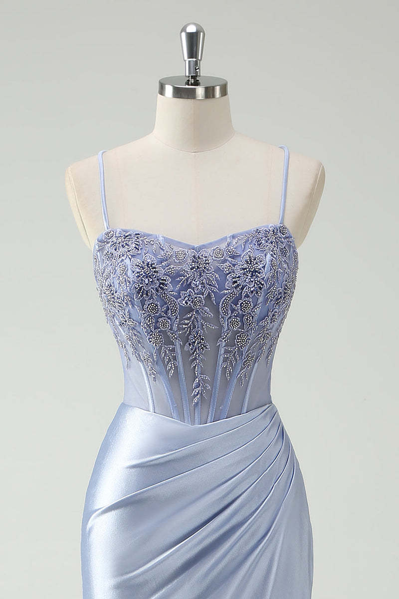 Laden Sie das Bild in den Galerie-Viewer, Hellblau Meerjungfrauen Korsett Satin Langes Ballkleid mit Schlitz