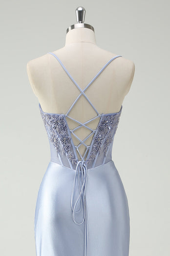 Hellblau Meerjungfrauen Korsett Satin Langes Ballkleid mit Schlitz