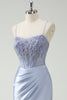 Laden Sie das Bild in den Galerie-Viewer, Hellblau Meerjungfrauen Korsett Satin Langes Ballkleid mit Schlitz