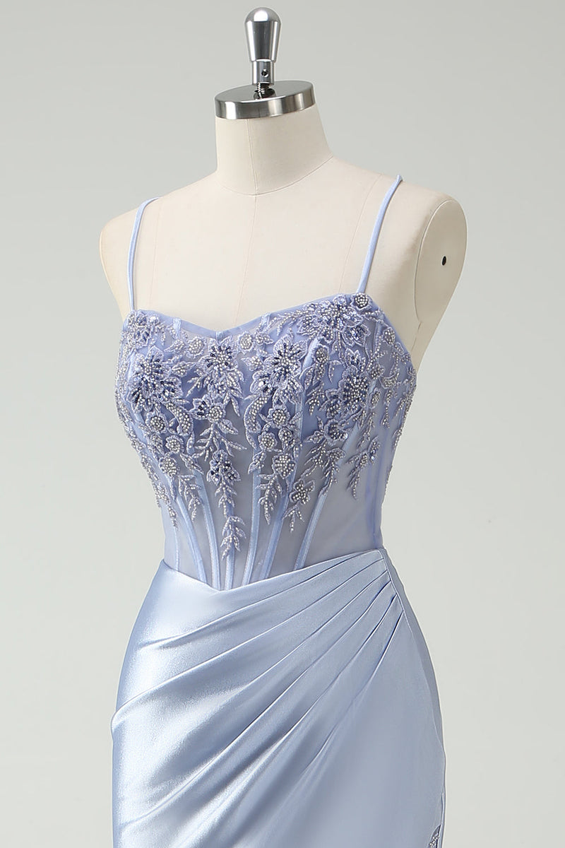 Laden Sie das Bild in den Galerie-Viewer, Hellblau Meerjungfrauen Korsett Satin Langes Ballkleid mit Schlitz