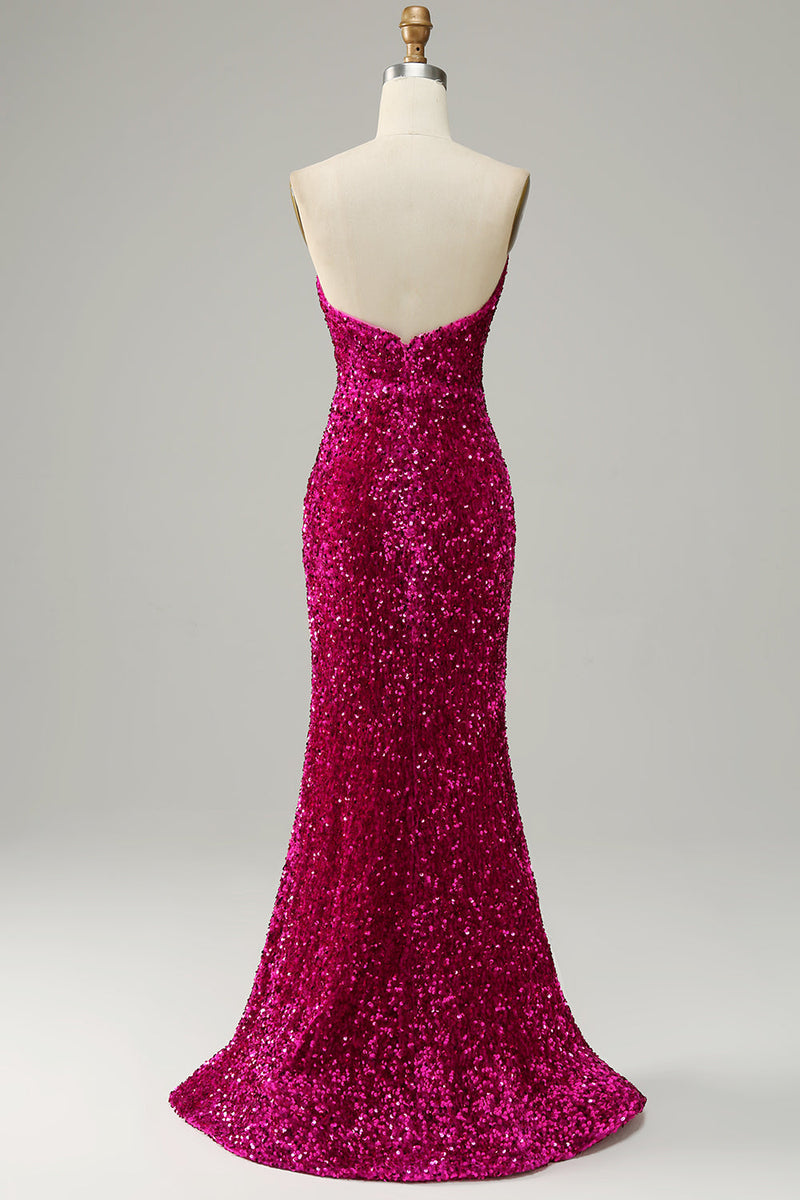 Laden Sie das Bild in den Galerie-Viewer, Fuchsia trägerloses Pailletten Abendkleid mit Schlitz