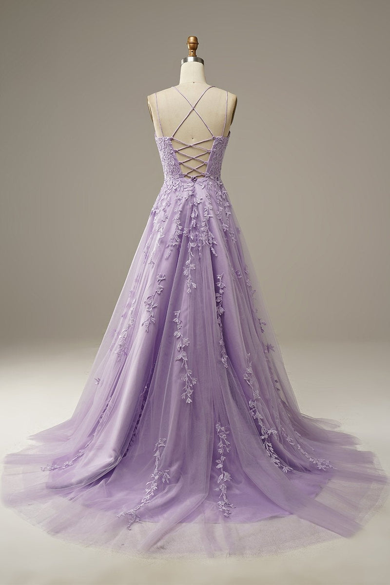 Laden Sie das Bild in den Galerie-Viewer, A Linie Spaghettiträger Lila Langes Ballkleid