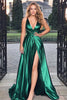 Laden Sie das Bild in den Galerie-Viewer, Dunkelgrünes Satin A Linie Tiefem V-Ausschnitt Langes Ballkleid mit Schlitz
