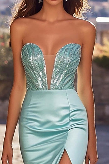 Glitzer Blau Trägerloses Korsett Langes Satin Ballkleid mit Schlitz