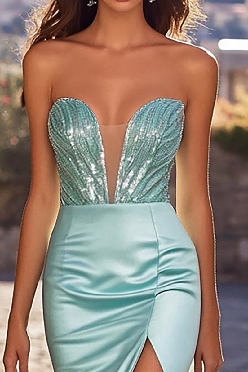 Laden Sie das Bild in den Galerie-Viewer, Glitzer Blau Trägerloses Korsett Langes Satin Ballkleid mit Schlitz