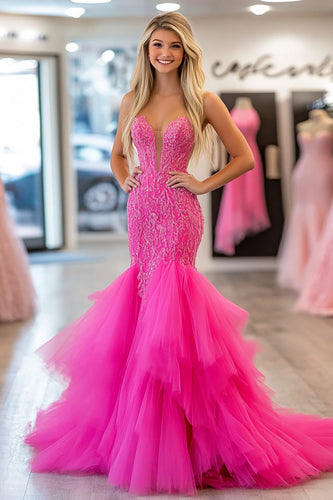 Meerjungfrau Fuchsia Glitzer Korsett Gestuftes Langes Ballkleid