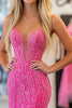 Laden Sie das Bild in den Galerie-Viewer, Meerjungfrau Fuchsia Glitzer Korsett Gestuftes Langes Ballkleid