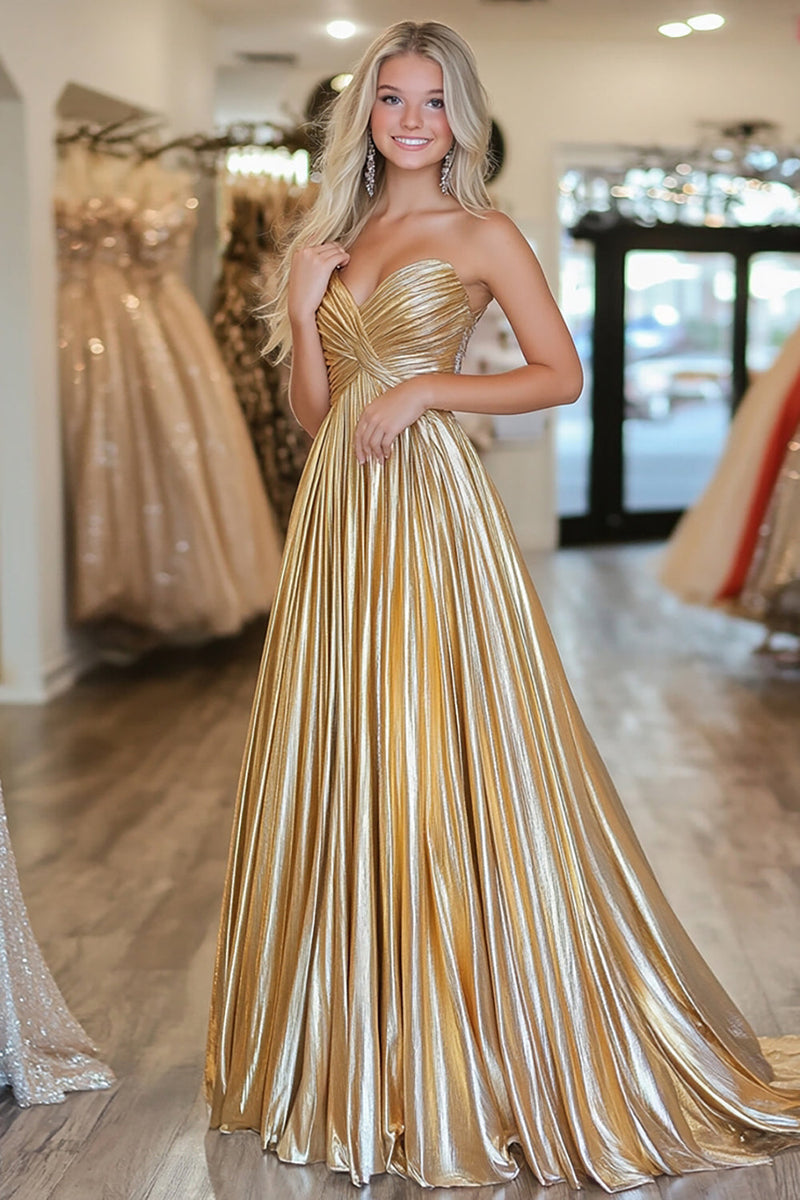 Laden Sie das Bild in den Galerie-Viewer, Gold Plissiertes Trägerloses Metallic A Linie Langes Ballkleid