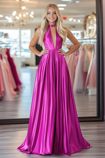 Fuchsia A Linie Neckholder Plissee Bodenlänge Ballkleid