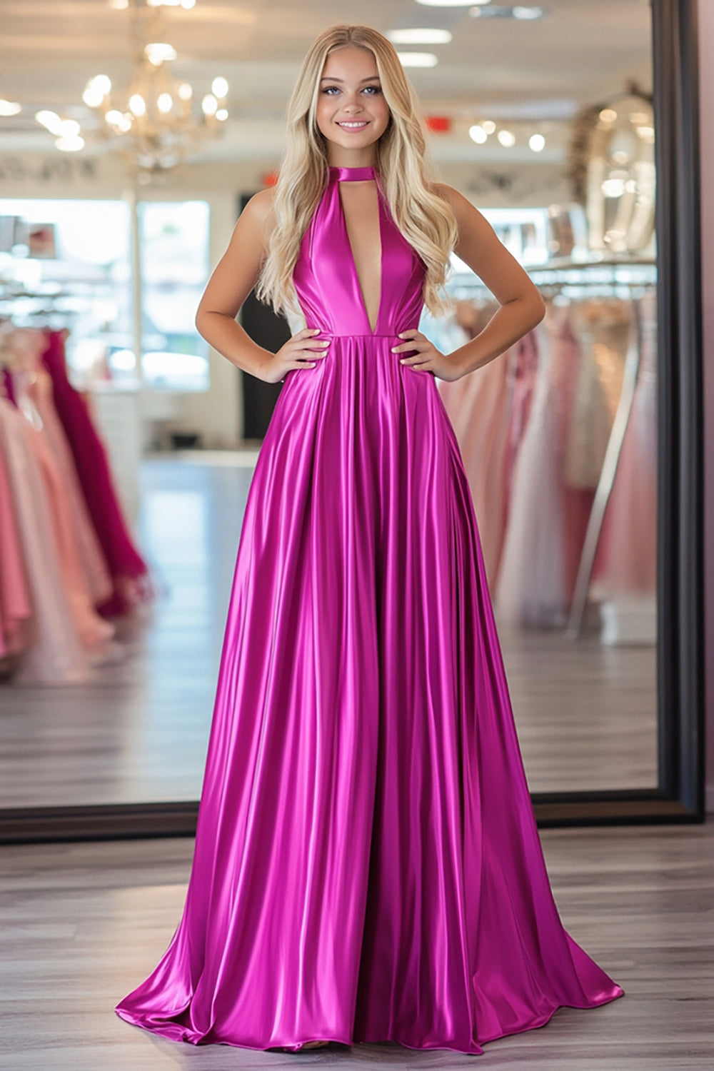Fuchsia A Linie Neckholder Plissee Bodenlänge Ballkleid