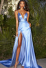 Laden Sie das Bild in den Galerie-Viewer, Blau Satin A Linie Tiefem V-Ausschnitt Ballkleid mit Schlitz