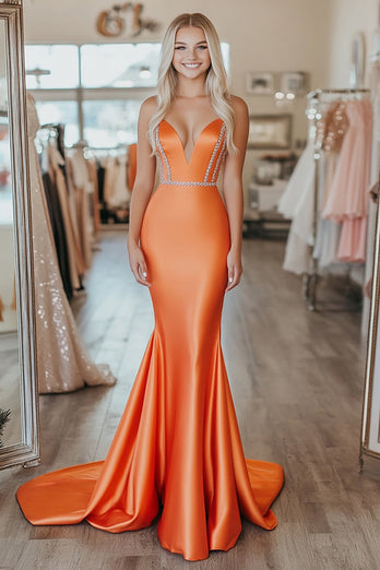 Orange Trägerloses Satin Meerjungfrau Abendkleid mit Perlen