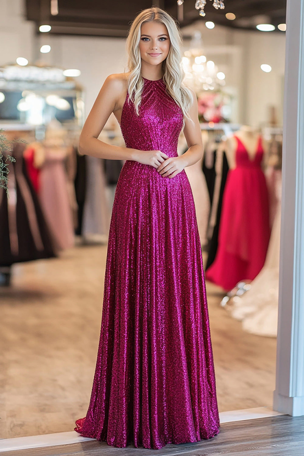 Neckholder Korsett MetallicFuchsia A Linie Langes Ballkleid
