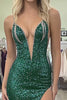 Laden Sie das Bild in den Galerie-Viewer, Glitzer Dunkelgrünes Korsett Tiefem V-Ausschnitt Ballkleid mit Schlitz