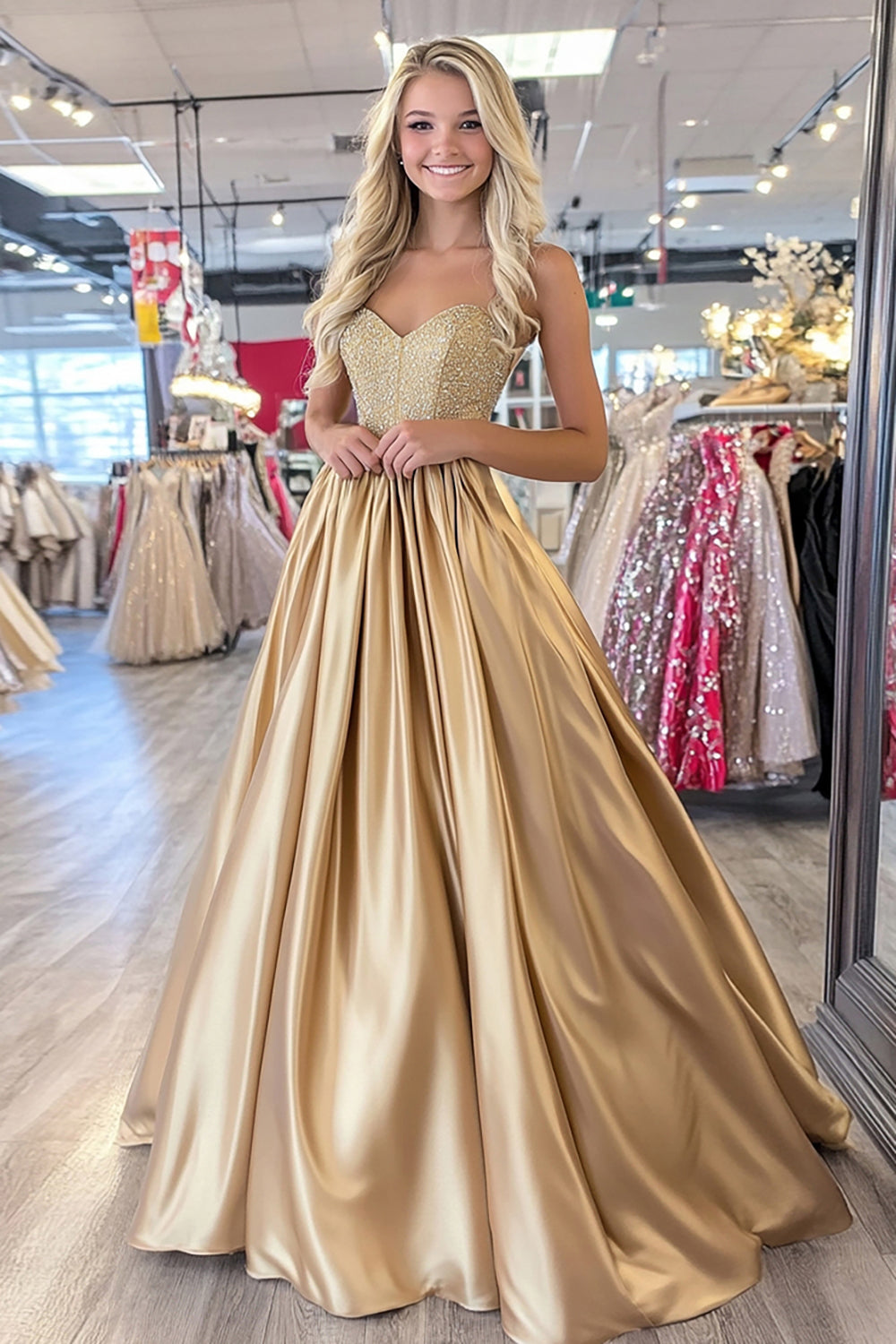 Glitzer Gold A Linie Korsett Satin Ballkleid mit Perlen