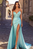 Laden Sie das Bild in den Galerie-Viewer, Blau PerlenSatin Langes Ballkleid mit Schlitz
