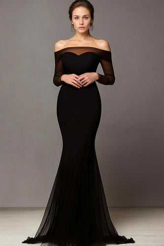 Elegantes Schwarzes Meerjungfrau Schulterfreies Abendkleid mit Ärmeln