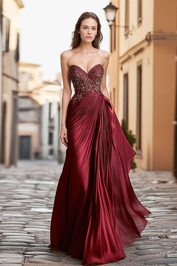 Glitzer Burgunder Herzhals Bodenlanges Ballkleid