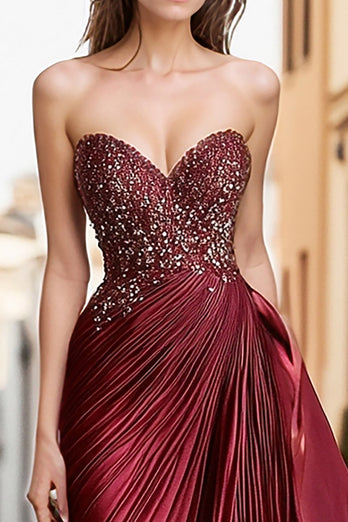 Glitzer Burgunder Herzhals Bodenlanges Ballkleid