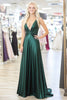 Laden Sie das Bild in den Galerie-Viewer, Schlichtes Dunkelgrünes Gerüschtes Satin Langes Ballkleid mit V-Ausschnitt