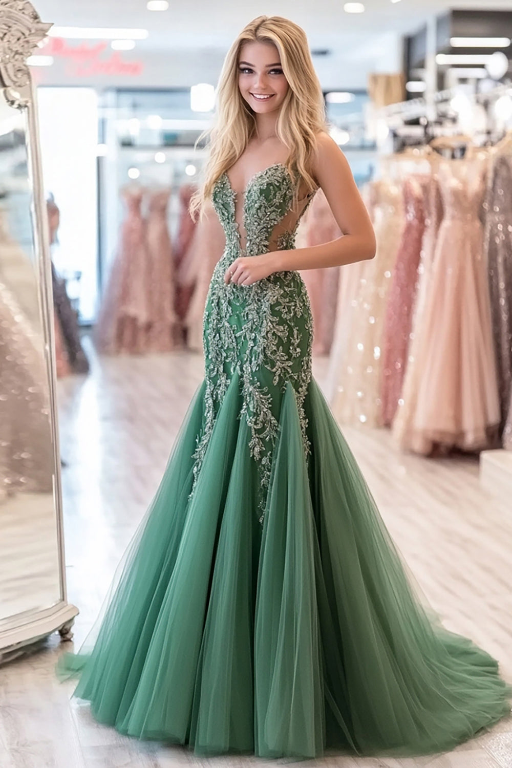 Glitzer Agave Tüll Herzhals Ballkleid mit Applikationen