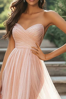 Erröten Tüll A Linie Plissiertes Herzhals Bodenlanges Ballkleid