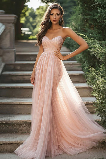 Erröten Tüll A Linie Plissiertes Herzhals Bodenlanges Ballkleid