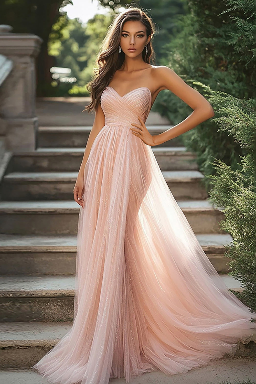 Erröten Tüll A Linie Plissiertes Herzhals Bodenlanges Ballkleid
