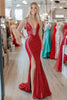 Laden Sie das Bild in den Galerie-Viewer, Rotes Glitzer Pailletten Besetztes Tiefem V-Ausschnitt Ballkleid mit Schlitz