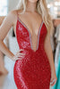 Laden Sie das Bild in den Galerie-Viewer, Rotes Glitzer Pailletten Besetztes Tiefem V-Ausschnitt Ballkleid mit Schlitz