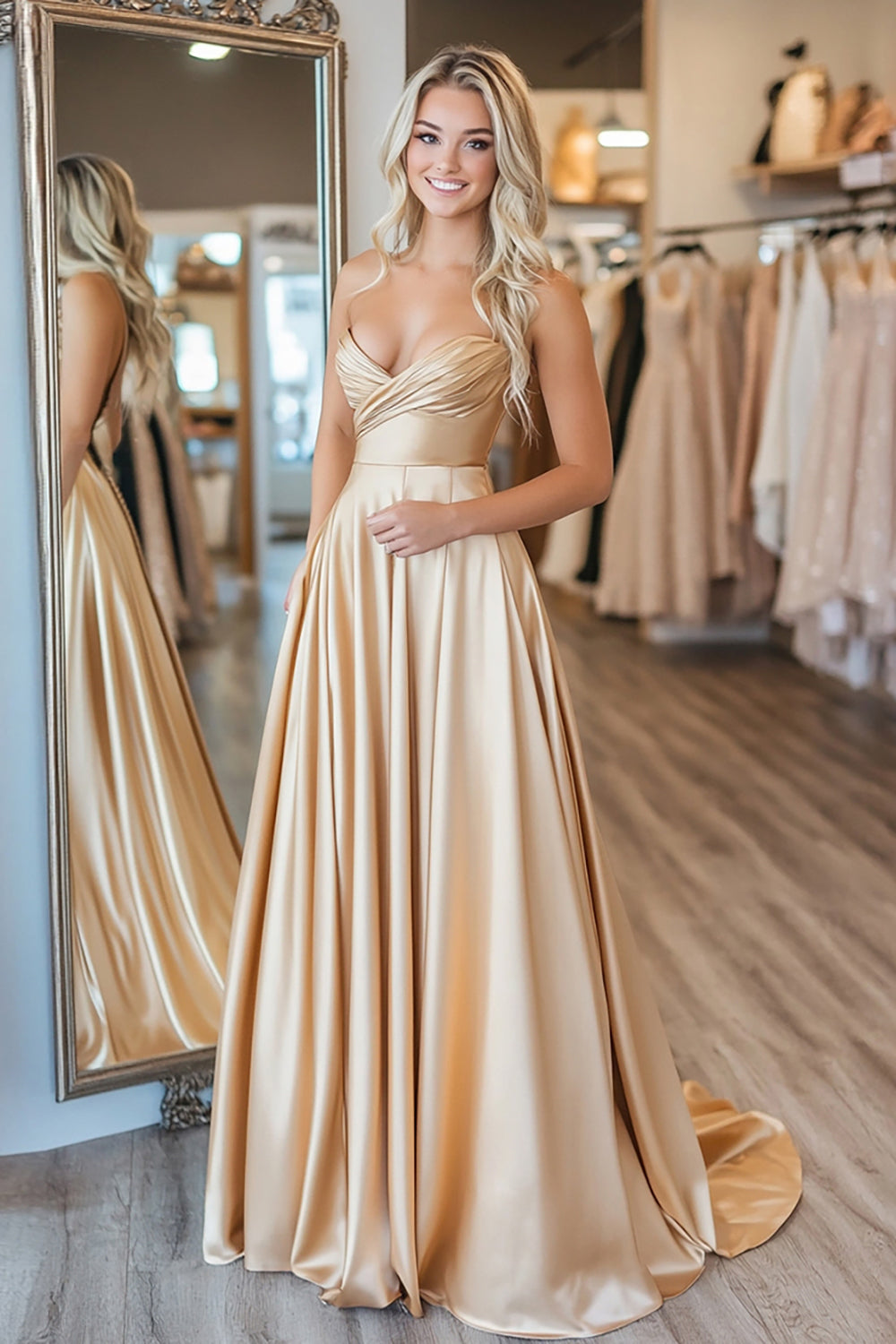 Glod Satin A Linie Trägerloses Langes Ballkleid