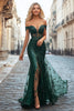 Laden Sie das Bild in den Galerie-Viewer, Damen Meerjungfrau Glitzer Dunkelgrün Ballkleid mit Schlitz Pailletten Schulterfrei Abendkleid kleid mit korsett
