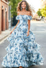 Laden Sie das Bild in den Galerie-Viewer, Blau Weiß Geblümtes A Linie Schulterfreies Gestuftes Ballkleid