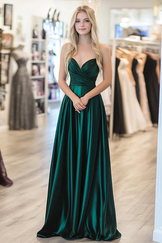Dunkelgrünes Metallisch Satin A Linie Ballkleid