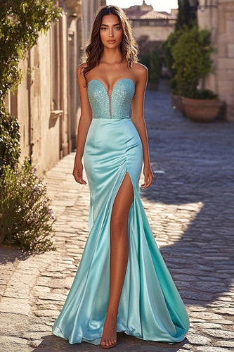Blau Herzhals Meerjungfrau Satin Ballkleid mit Schlitz