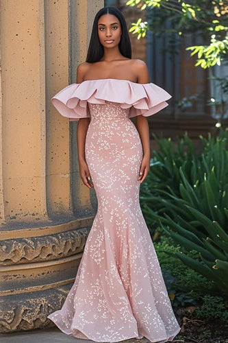 Erröten Schulterfreies Meerjungfrau Applikation Ballkleid mit Rüschen