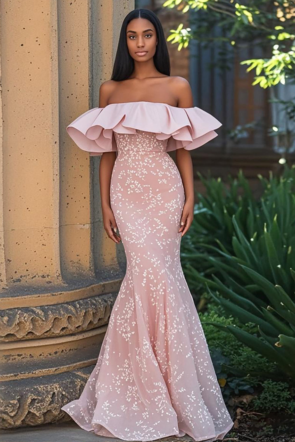 Erröten Schulterfreies Meerjungfrau Applikation Ballkleid mit Rüschen