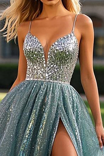 Glitzer Staubblau A Linie Pailletten Ballkleid mit Schlitz