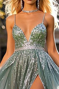 Glitzer Staubblau Pailletten V-Ausschnitt A Linie Ballkleid mit Schlitz