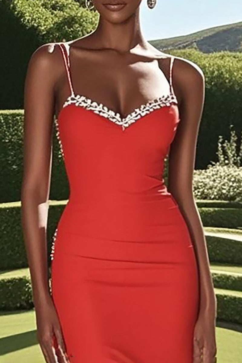 Laden Sie das Bild in den Galerie-Viewer, Rotes Satin Spaghettiträgern Bodenlanges Abendkleid mit Schlitz