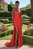 Laden Sie das Bild in den Galerie-Viewer, Rotes Satin Spaghettiträgern Bodenlanges Abendkleid mit Schlitz