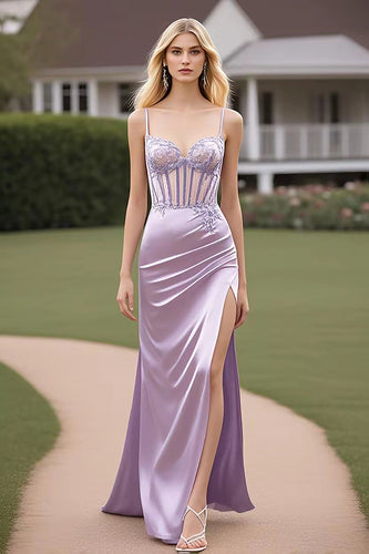 Lila Spaghettiträger Korsett Etui Satin Ballkleid mit Schlitz