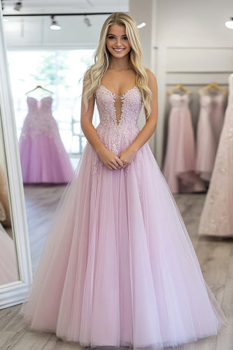 Helllila A Linie Tüll Maxi Ballkleid mit Applikation